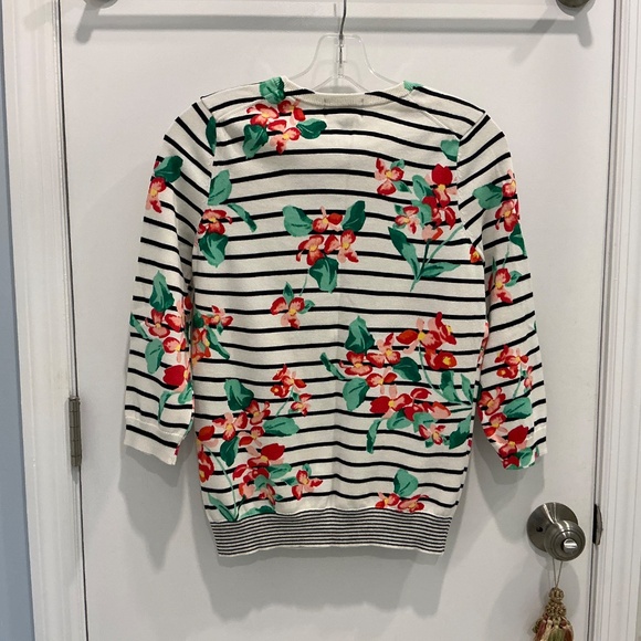 Lands End 100% Supima Cotton 3/4 sleeve Striped Hibiscus Floral Sweater XS - Picture 2 of 7